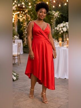 ASOS DESIGN Satin Cami Drape Midi Dress With Asymmetrical Hem Red Size 14 NWT